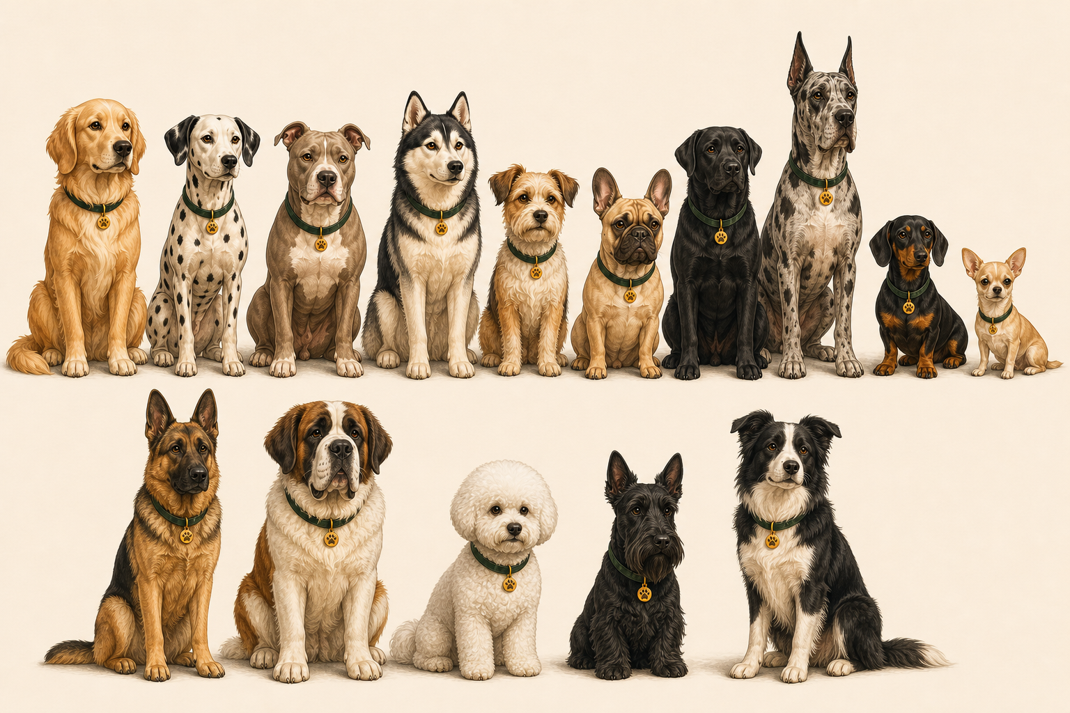 Illustrated lineup of RememBark dogs