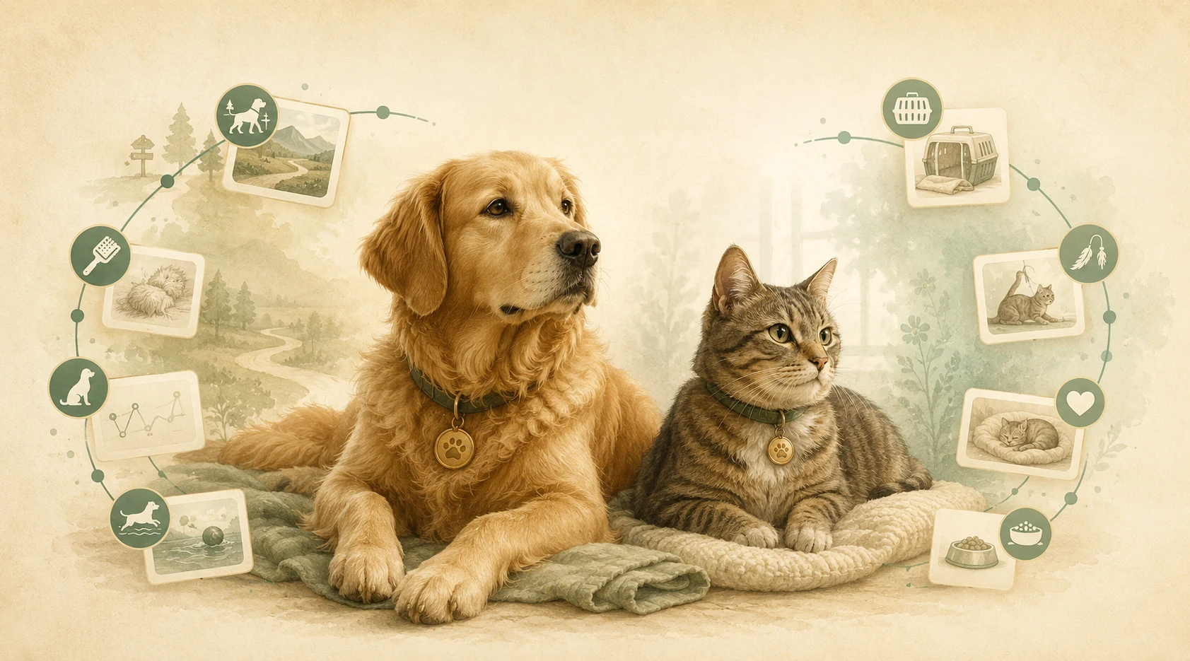 Illustration of a dog and cat with separate life-record trails for routines, memories, and care moments