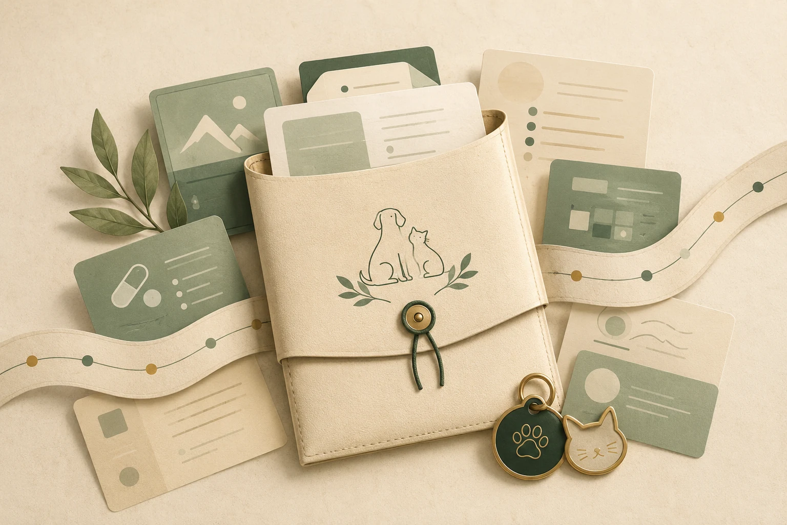 Illustration of an owner-held pet record folder with timeline cards and dog and cat tags
