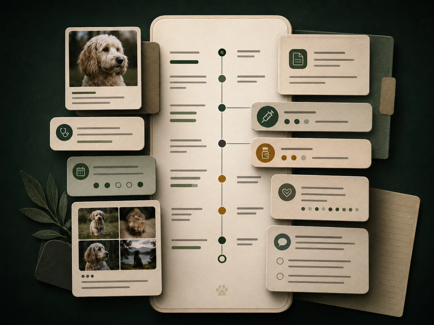Dark product-style illustration of an organized pet timeline