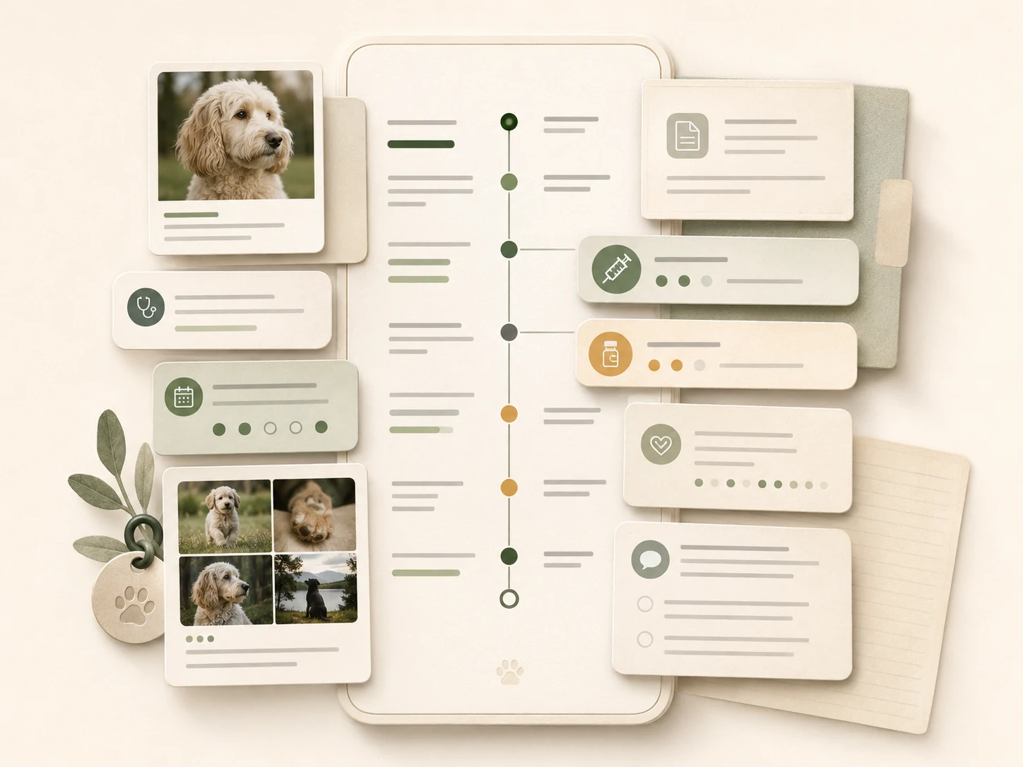 Product-style illustration of a pet timeline with photos, reminders, care notes, and record cards